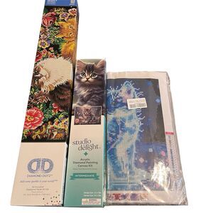 Lot of 3 Diamond Painting Kits Agneatha & Dandelion, Gray Kitty, & Electric Cat